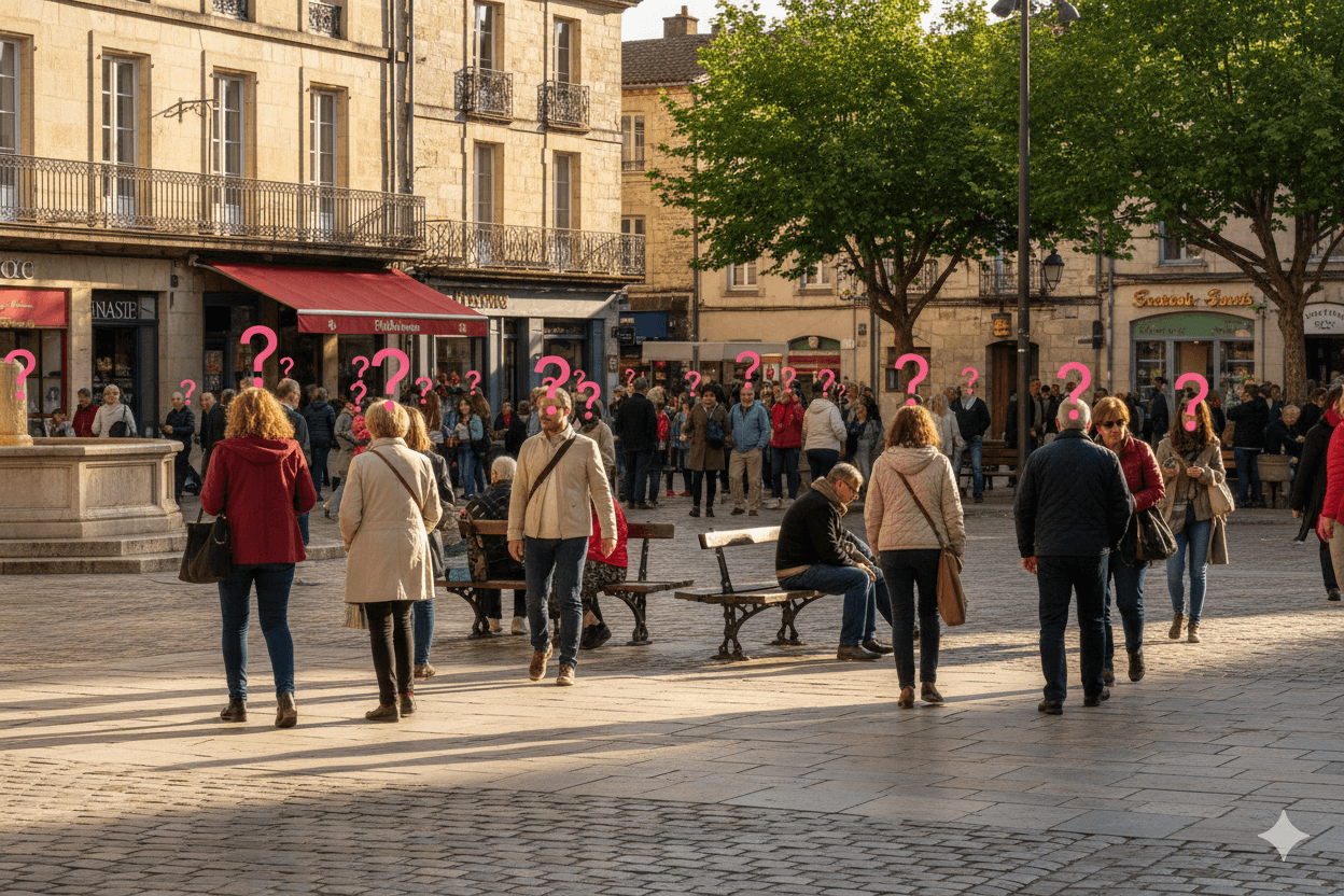 Des citoyens réunis sur une place publique, chacun avec des points d’interrogation symbolisant la diversité et l’incertitude des opinions