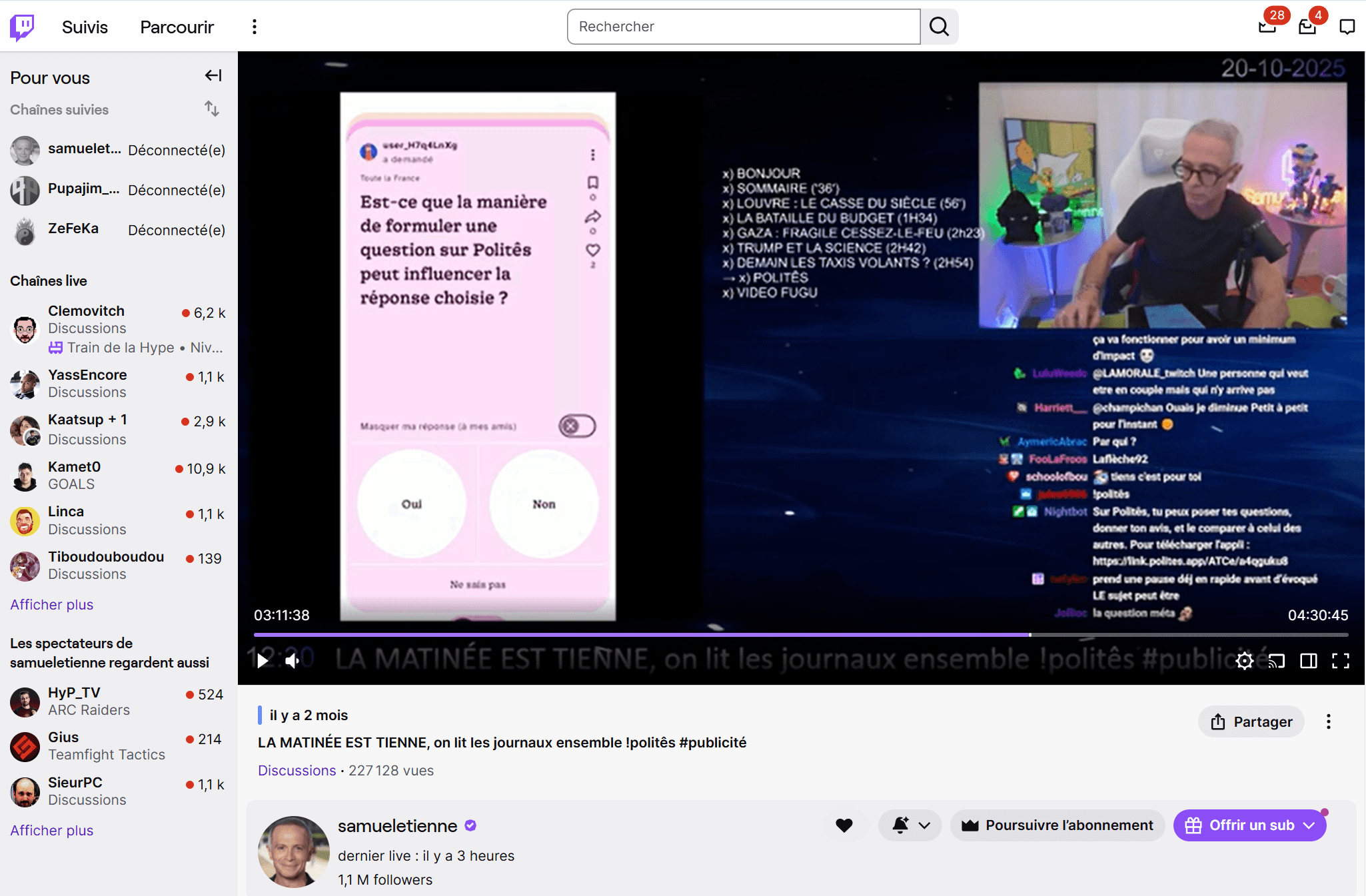 Samuel Étienne teste l’application Politês en direct lors de son live du 20 octobre 2025